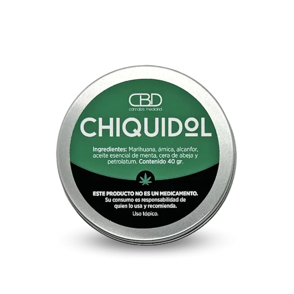 Envase de Chiquidol de Grupo Relax, bálsamo natural con eucalipto para el alivio de la congestión y los síntomas del resfriado.