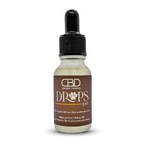 Frasco de Drops Pets de Grupo Relax, suplemento con CBD y aceite de coco para aliviar el estrés y promover el bienestar en tus mascotas.