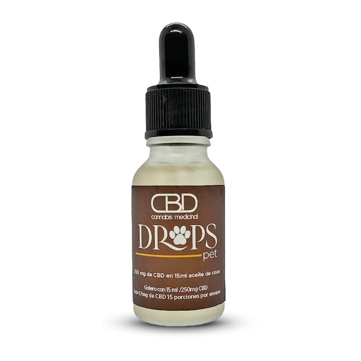 Frasco de Drops Pets de Grupo Relax, suplemento con CBD y aceite de coco para aliviar el estrés y promover el bienestar en tus mascotas.