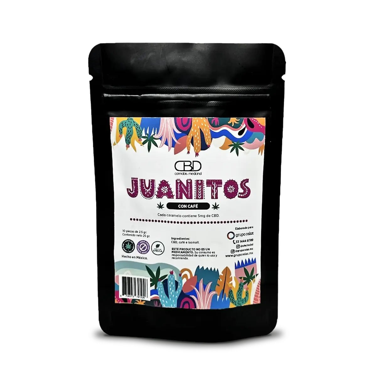 Envase de Juanitos Café de Grupo Relax, caramelo con CBD y café natural para aumentar la energía y mejorar el enfoque.