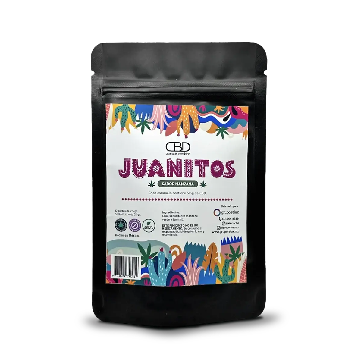 Envase de Juanitos Manzana de Grupo Relax, caramelo con CBD para aliviar el insomnio leve y disfrutar de un descanso reparador.